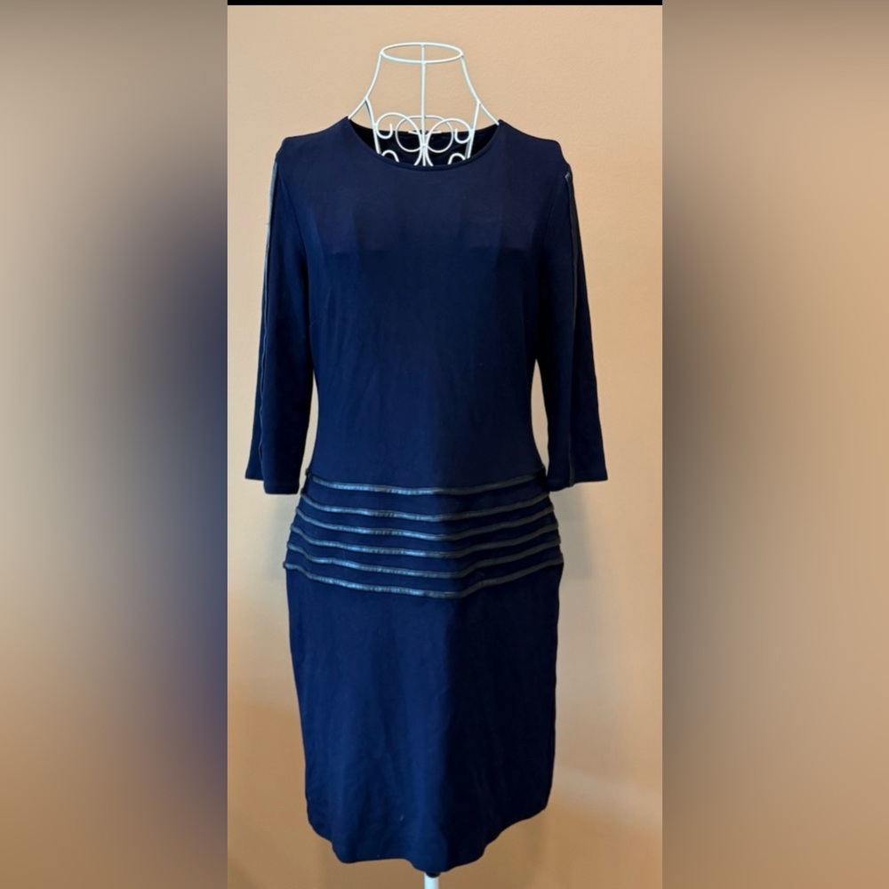 Steffen Schraut Navy Shift Dress EU40 US 8-10 Faux Leather Trim Fully Lined